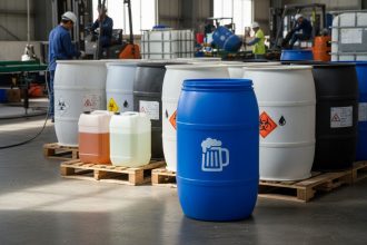fût en plastique bleu posé sur un sol en béton avec des étiquettes de sécurité
