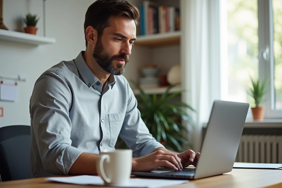 Salarié en télétravail déclarant une absence sur un portail RH en ligne depuis son ordinateur portable