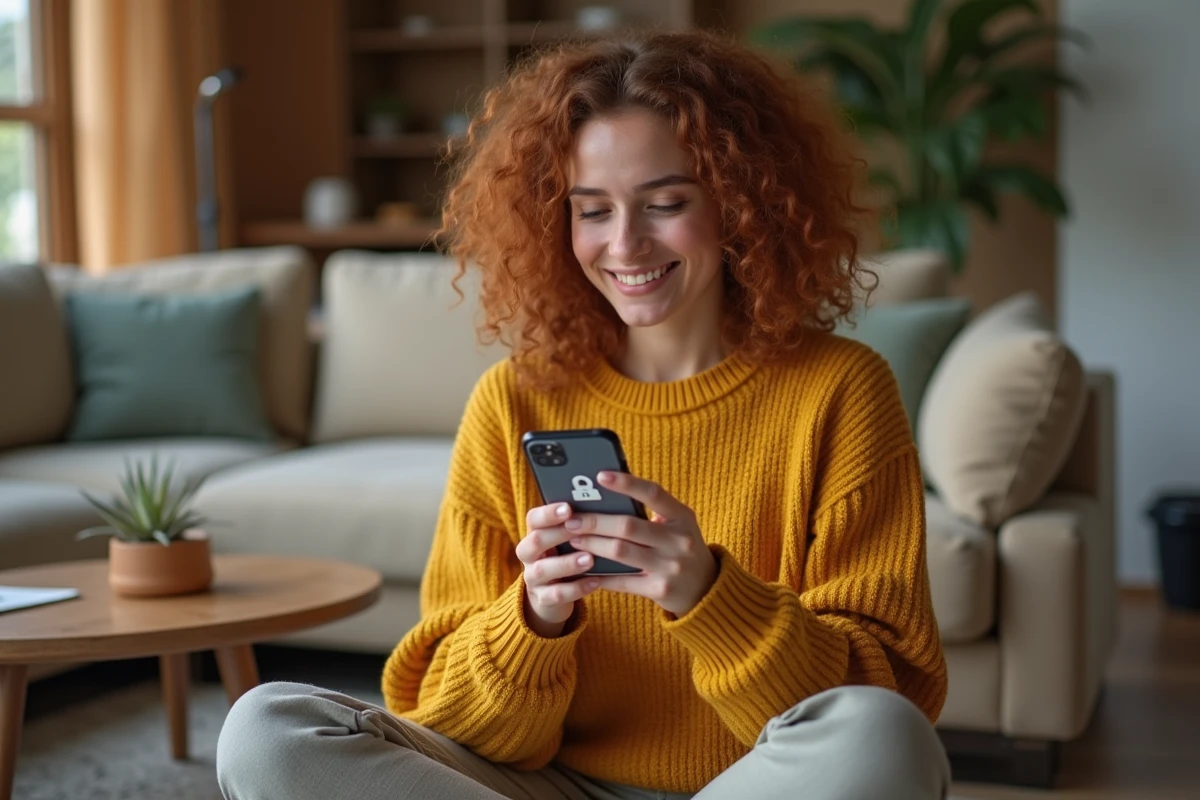 Jeune femme se connectant à son compte CSE Chronopost depuis son téléphone portable à la maison