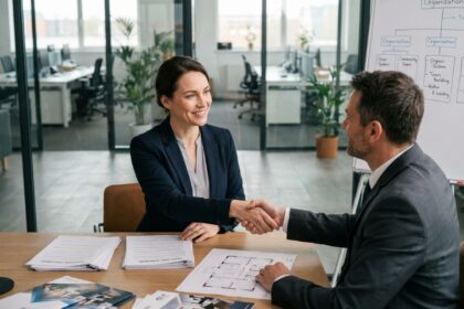 Deux professionnels signant un accord de franchise dans une salle de réunion moderne, illustrant le développement d'un réseau de franchise