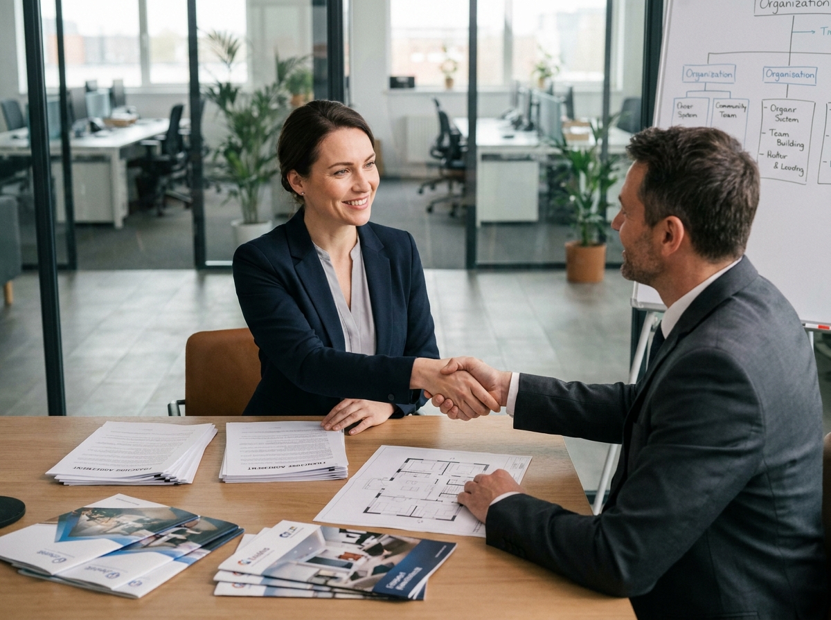 Deux professionnels signant un accord de franchise dans une salle de réunion moderne, illustrant le développement d'un réseau de franchise