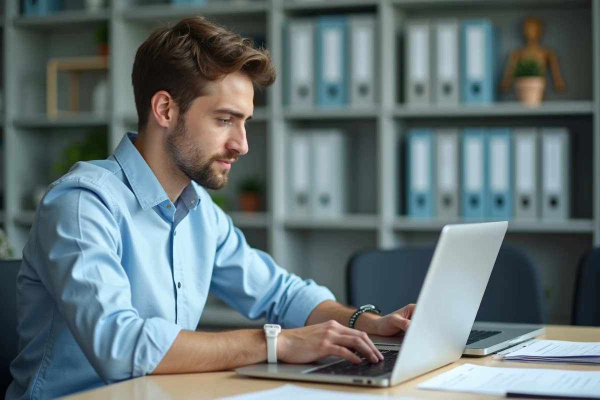Employé administratif saisissant des données de paie scolaire