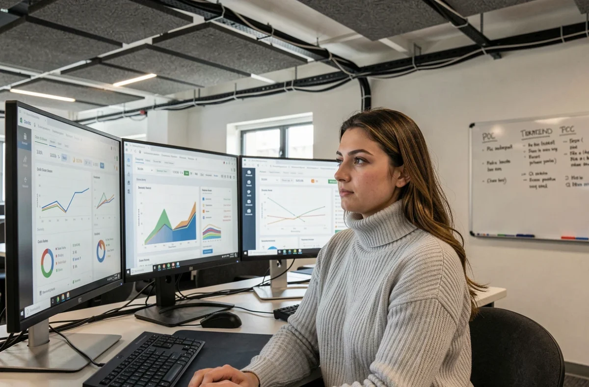 Analyste data de l'agence AdQuality examinant des tableaux de bord de qualité et conversion Google Ads