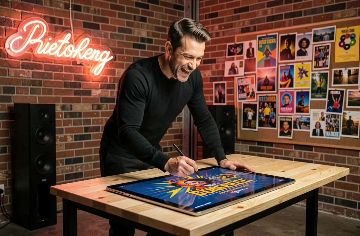 Designer de l'agence Adrenaline présentant une identité visuelle dynamique dans un loft créatif urbain