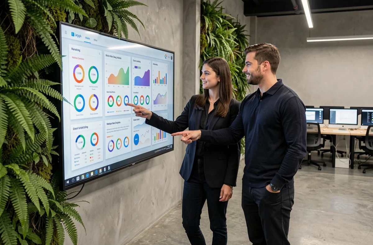 Équipe de JEANDO Digital présentant une campagne de marketing digital sur un écran interactif dans une agence moderne