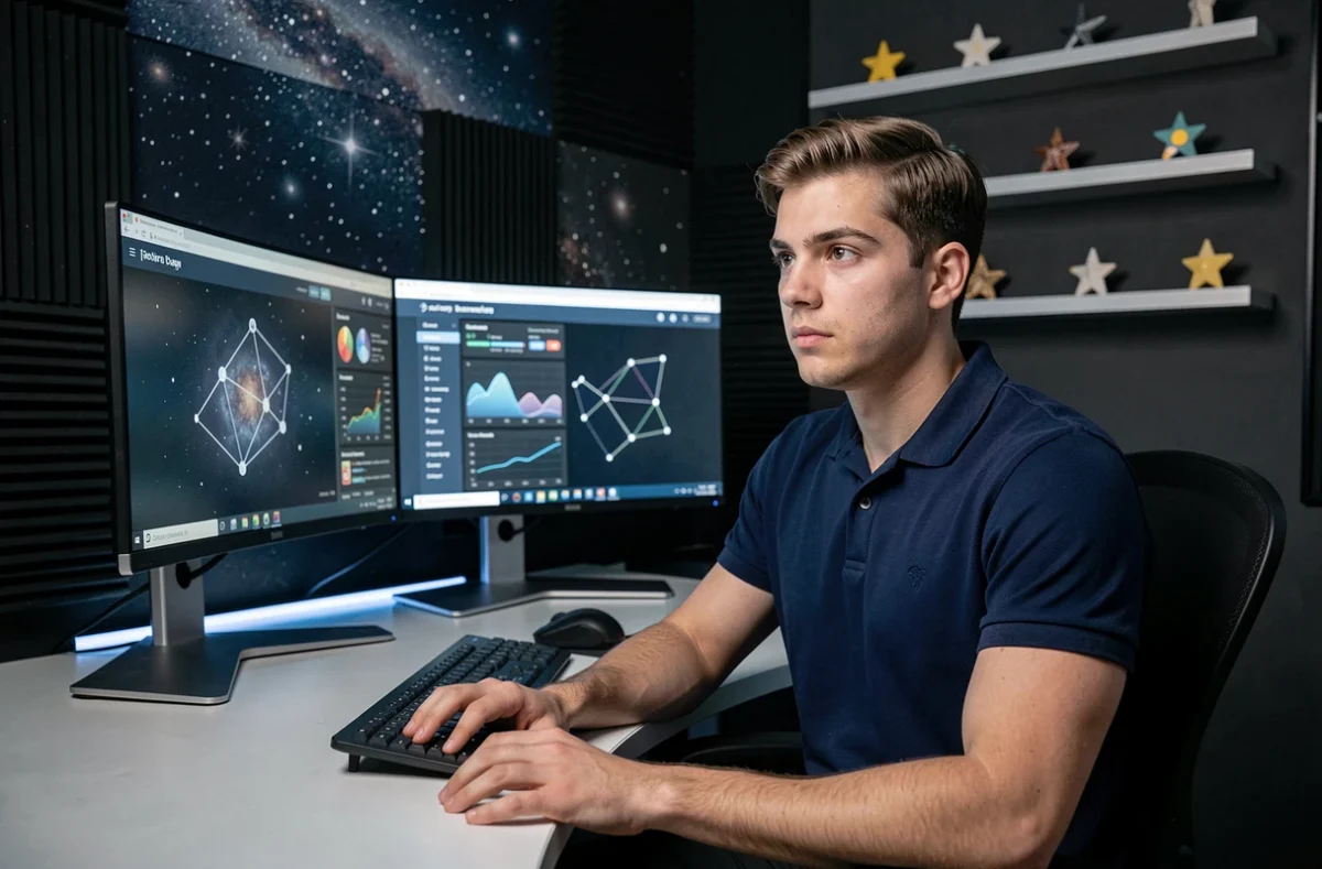 Développeur de l'agence Koomet analysant des tableaux de bord digitaux dans un studio technologique épuré