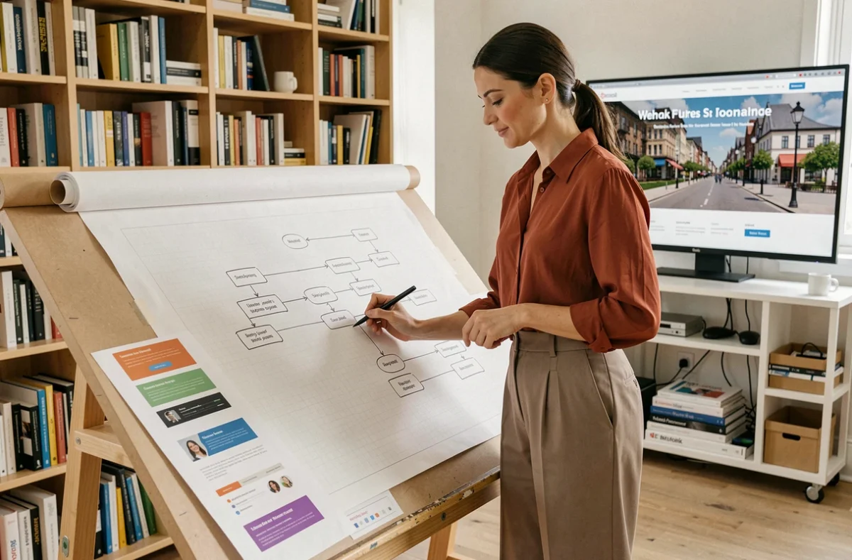 Designer de l'agence Paseo travaillant sur la carte de parcours utilisateur d'un site web