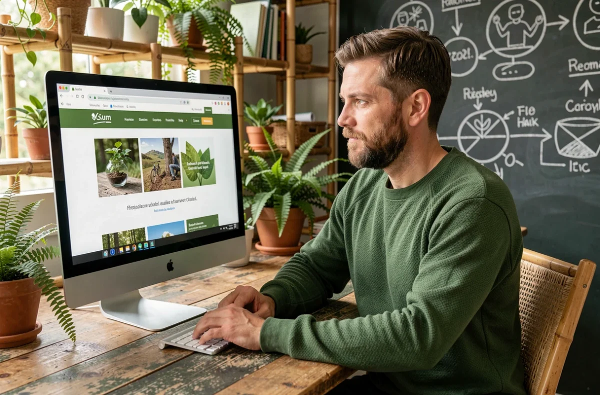 Consultant de l'agence Webetik dans un bureau éco-responsable consultant un site web axé développement durable