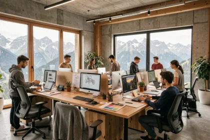 Bureau d'une agence web moderne dans les Hautes-Pyrénées avec vue sur la montagne