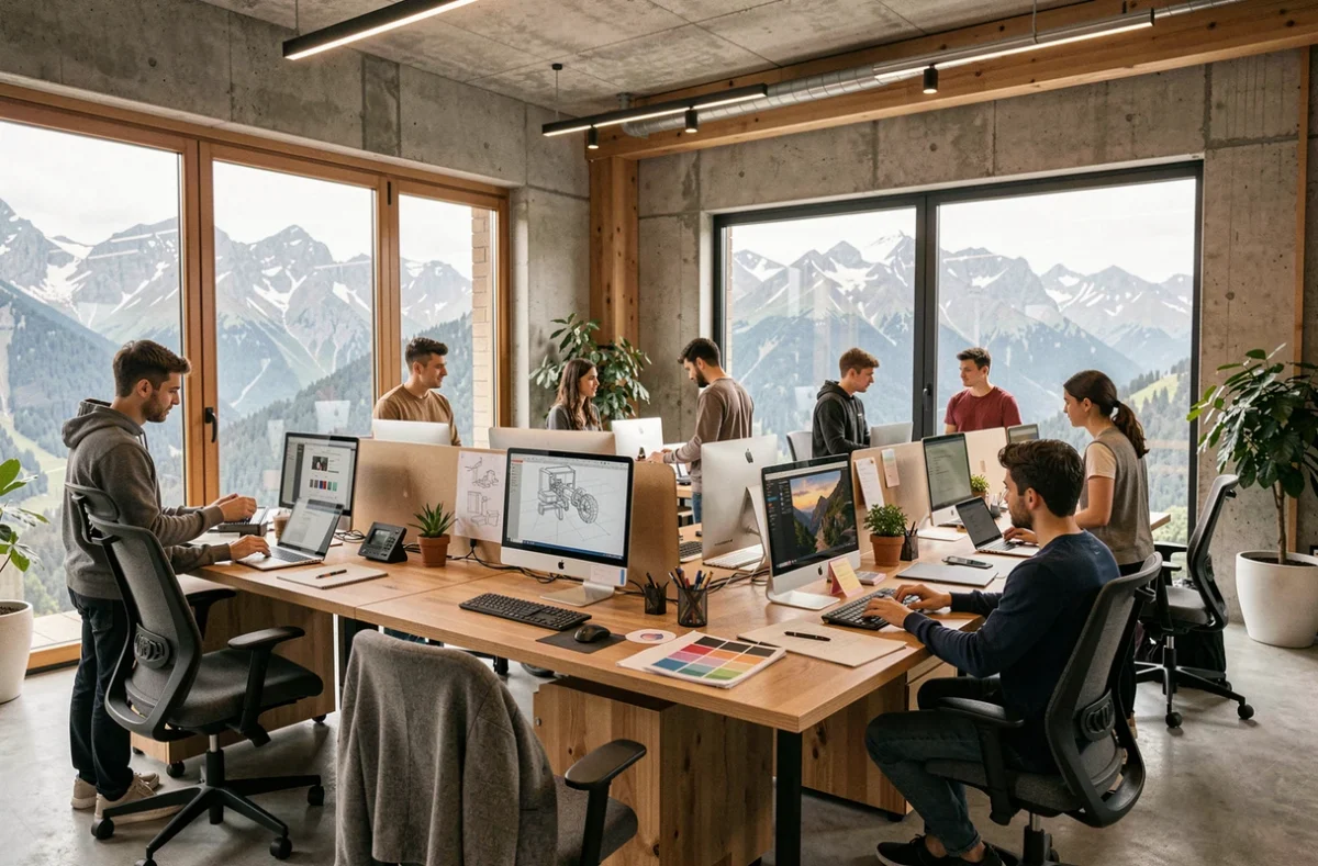 Bureau d'une agence web moderne dans les Hautes-Pyrénées avec vue sur la montagne
