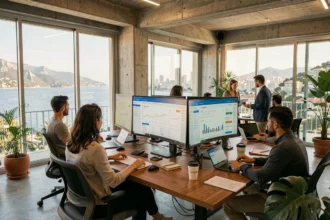 Vue panoramique d'une agence Google Ads moderne dans les Alpes-Maritimes avec vue sur la Méditerranée et équipes en collaboration