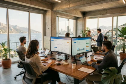 Vue panoramique d'une agence Google Ads moderne dans les Alpes-Maritimes avec vue sur la Méditerranée et équipes en collaboration