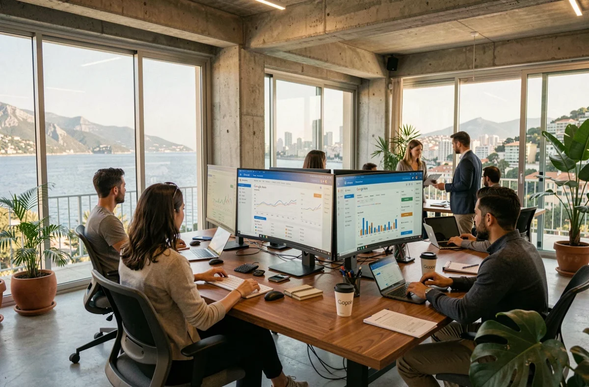 Vue panoramique d'une agence Google Ads moderne dans les Alpes-Maritimes avec vue sur la Méditerranée et équipes en collaboration
