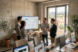 Équipe d'une agence web dans les Pyrénées-Orientales travaillant sur des projets digitaux dans un bureau moderne