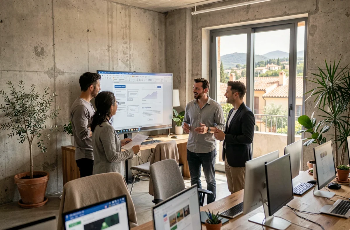 Équipe d'une agence web dans les Pyrénées-Orientales travaillant sur des projets digitaux dans un bureau moderne