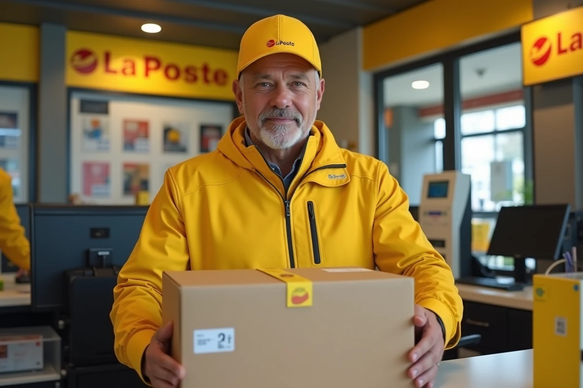 Agent La Poste scannant un grand colis Colissimo au comptoir d'un bureau de poste