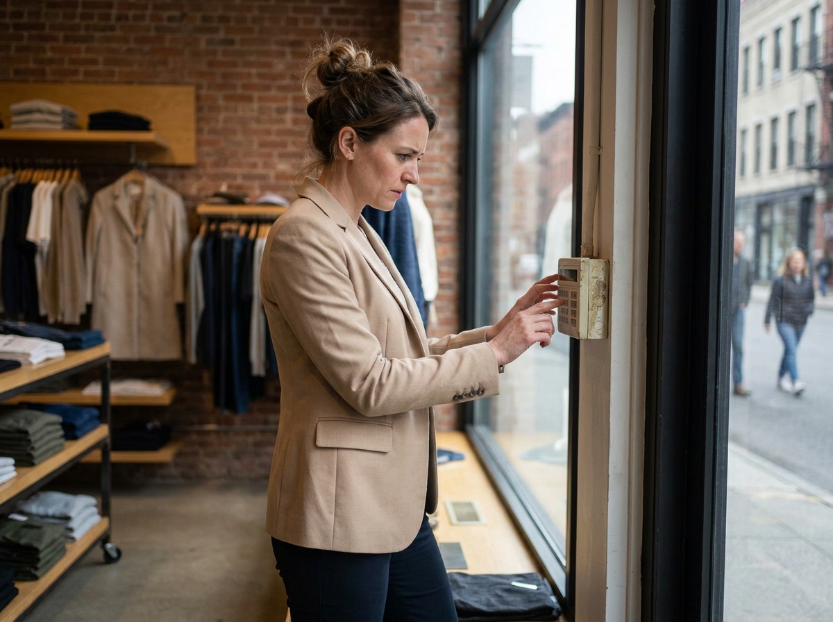 Commerçante vérifiant le panneau de contrôle d'une alarme dans sa boutique de vêtements urbaine