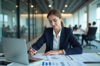 Jeune femme en alternance chez un cabinet Big 4 analysant des documents financiers dans un bureau professionnel moderne