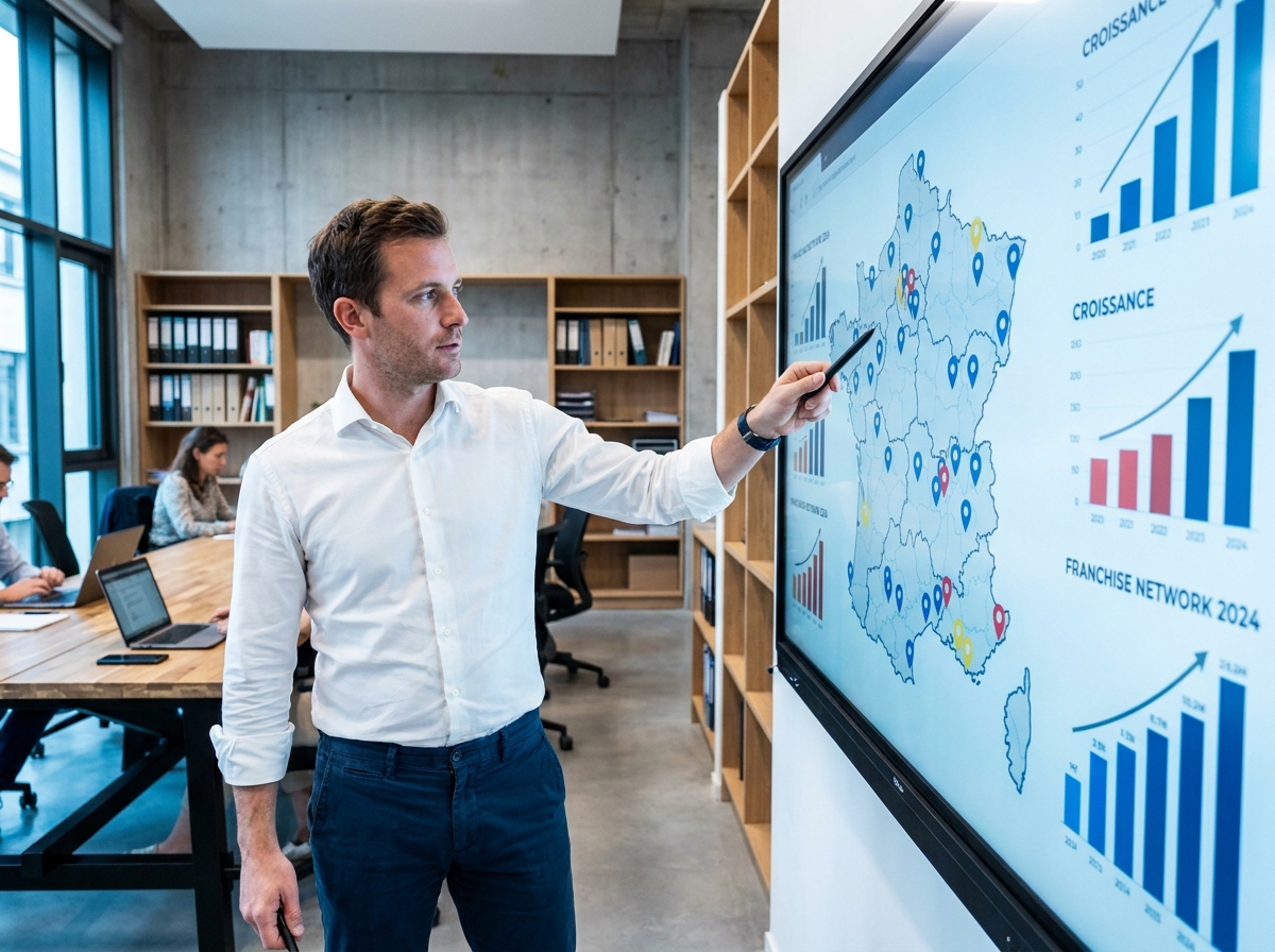 Entrepreneur analysant une carte de déploiement de son réseau de franchise sur un écran numérique interactif