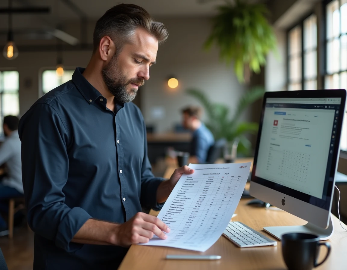 Homme analysant un tableau comparatif des coûts d'abonnement aux outils IA dans un espace de coworking