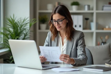Femme professionnelle analysant les tarifs d'un outil IA sur son ordinateur portable dans un bureau moderne
