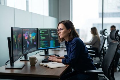 Analyste cybersécurité en action dans un bureau moderne