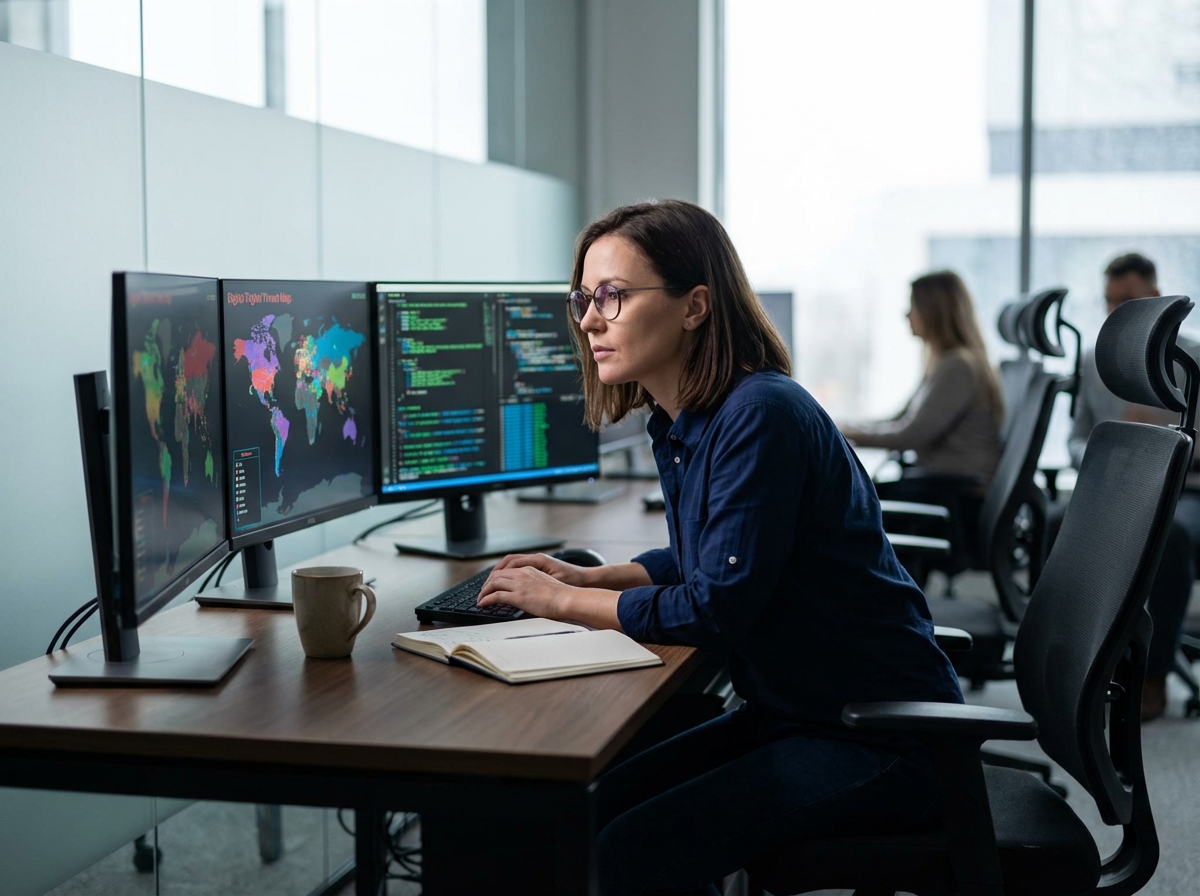 Analyste cybersécurité en action dans un bureau moderne