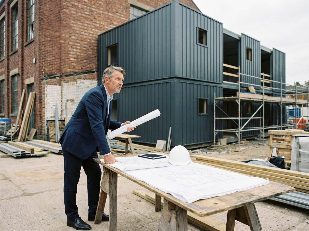 Architecte en costume sur un chantier moderne en extérieur