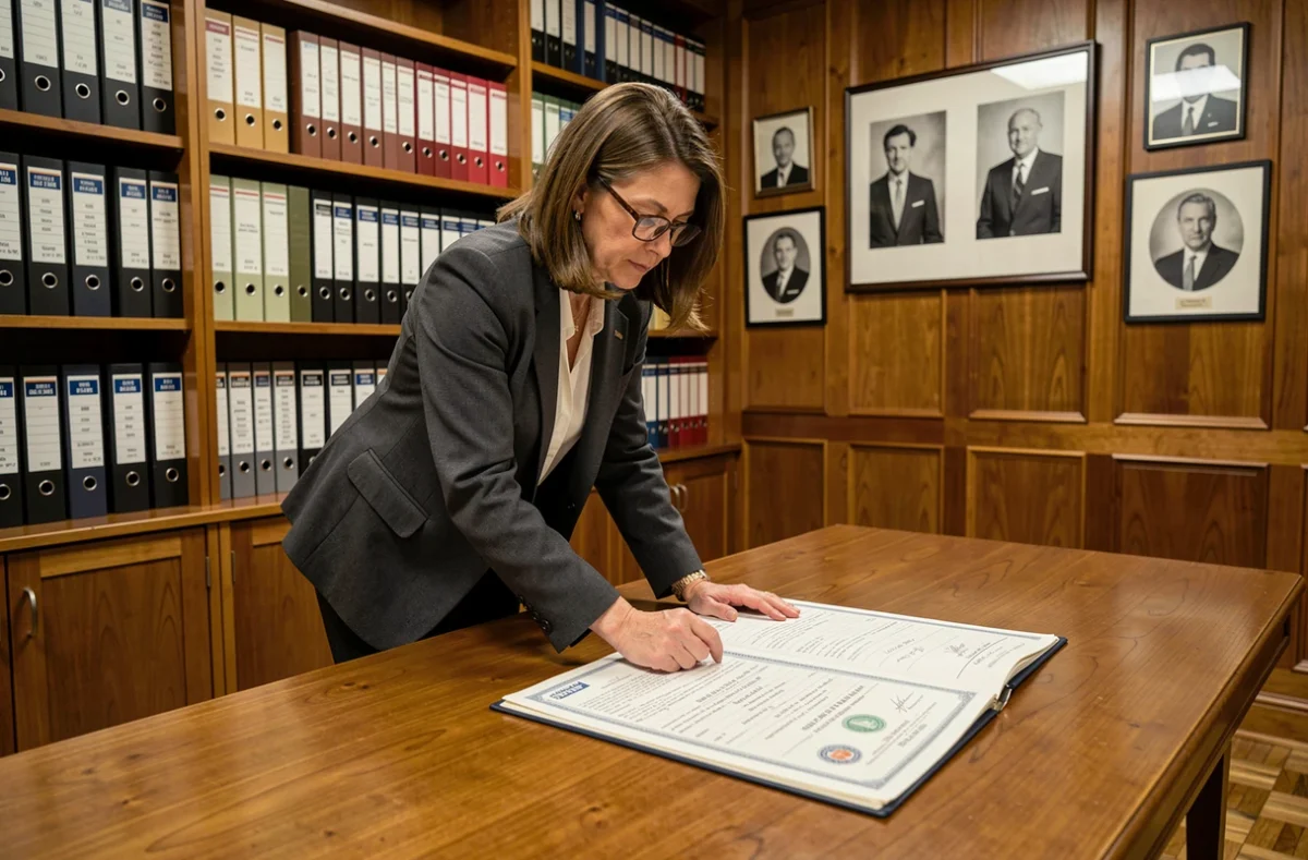Responsable de Ninduskectayaz LTD consultant des archives historiques et documents fondateurs de la société dans une salle d'archives