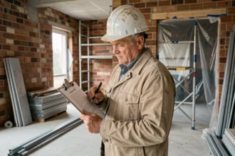 Artisan du bâtiment consultant un devis travaux sur un chantier de rénovation intérieure