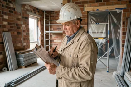 Artisan du bâtiment consultant un devis travaux sur un chantier de rénovation intérieure