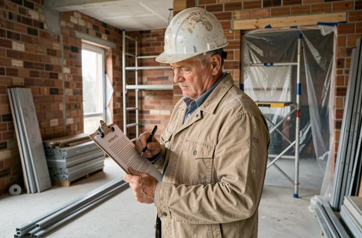 Artisan du bâtiment consultant un devis travaux sur un chantier de rénovation intérieure