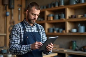 Artisan homme en atelier vérifiant une tablette