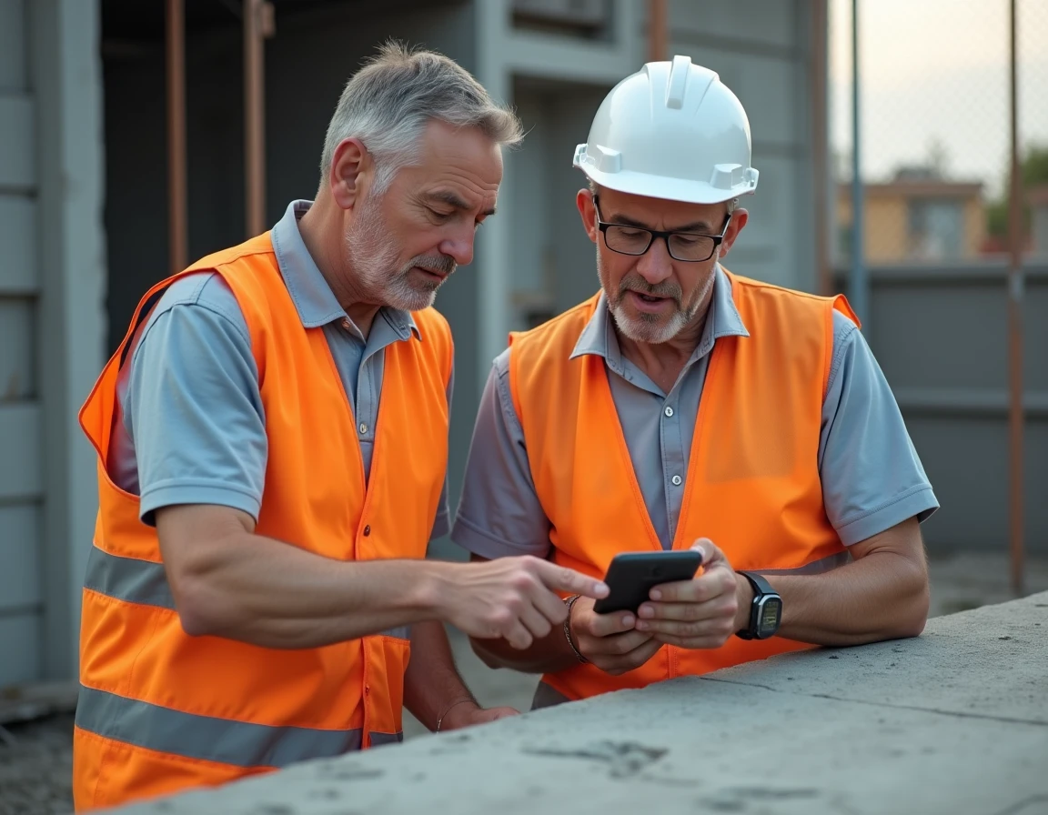 Deux artisans du bâtiment consultant les critères d'une plateforme d'inscription professionnelle sur un smartphone de chantier
