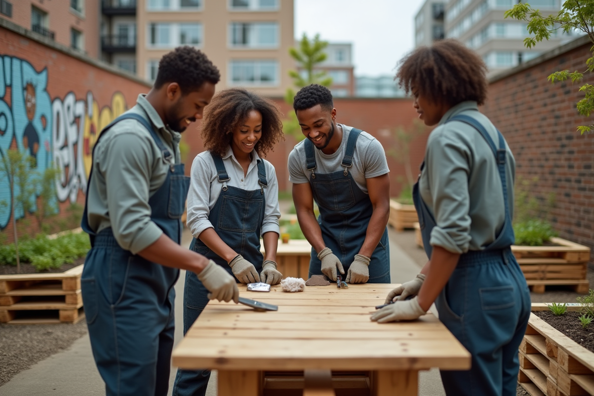 Jeunes adultes assemblant meubles en matériaux recyclés
