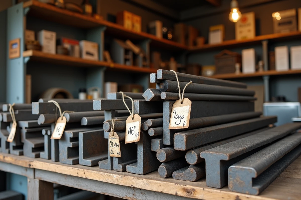 Assortiment de barres et profilés en fer vendus au détail avec étiquettes de prix dans une quincaillerie locale