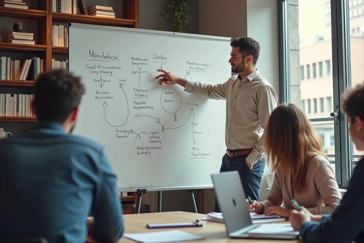 Conseiller en développement d'entreprise animant un atelier de conseil pour des dirigeants de petites et moyennes entreprises