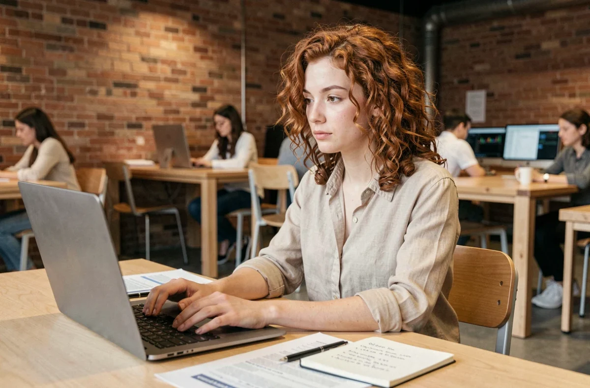 Jeune auto-entrepreneuse recherchant des aides alternatives à l'ACRE dans un espace de coworking