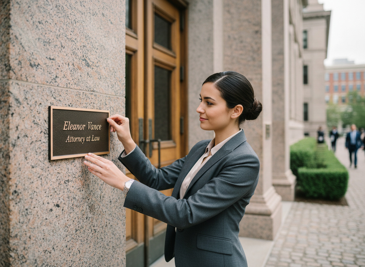 Jeune avocate posant devant un bâtiment urbain