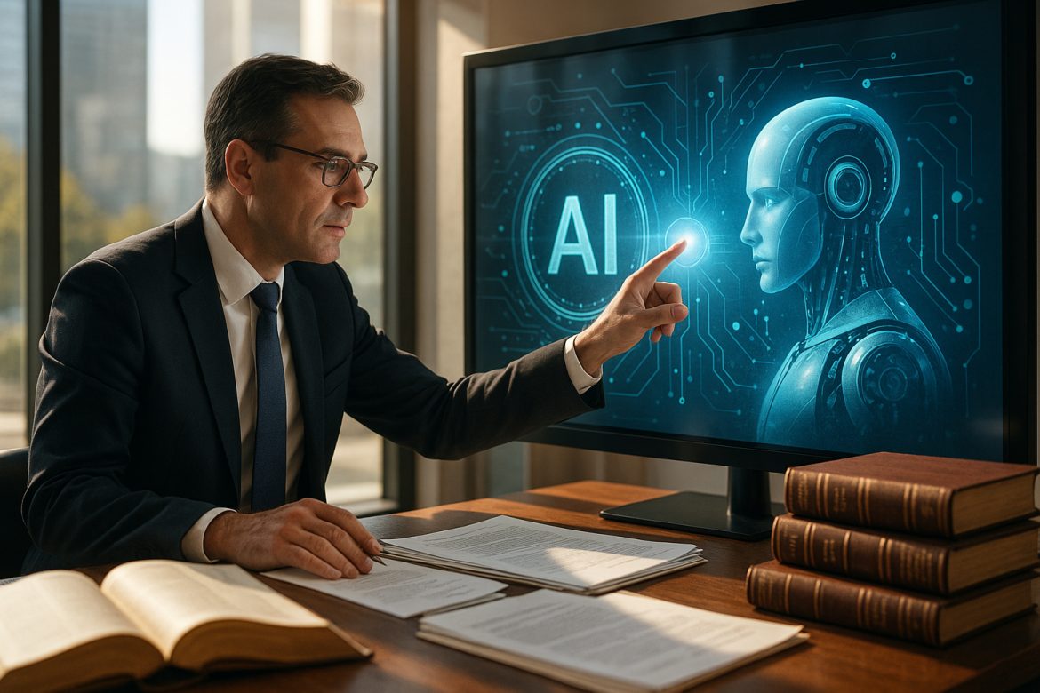 Avocat collaborant avec une intelligence artificielle dans un bureau moderne