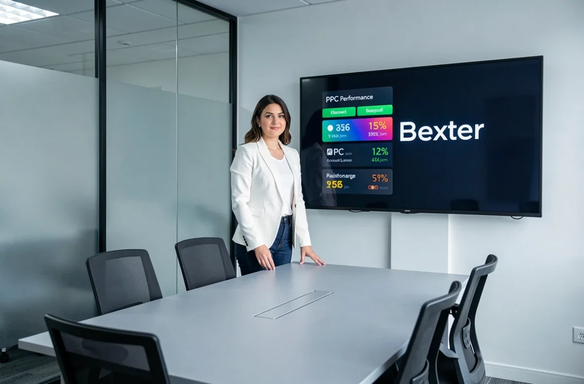 Responsable de compte de l'agence Bexter présentant des résultats de campagnes Google Ads dans une salle de réunion moderne