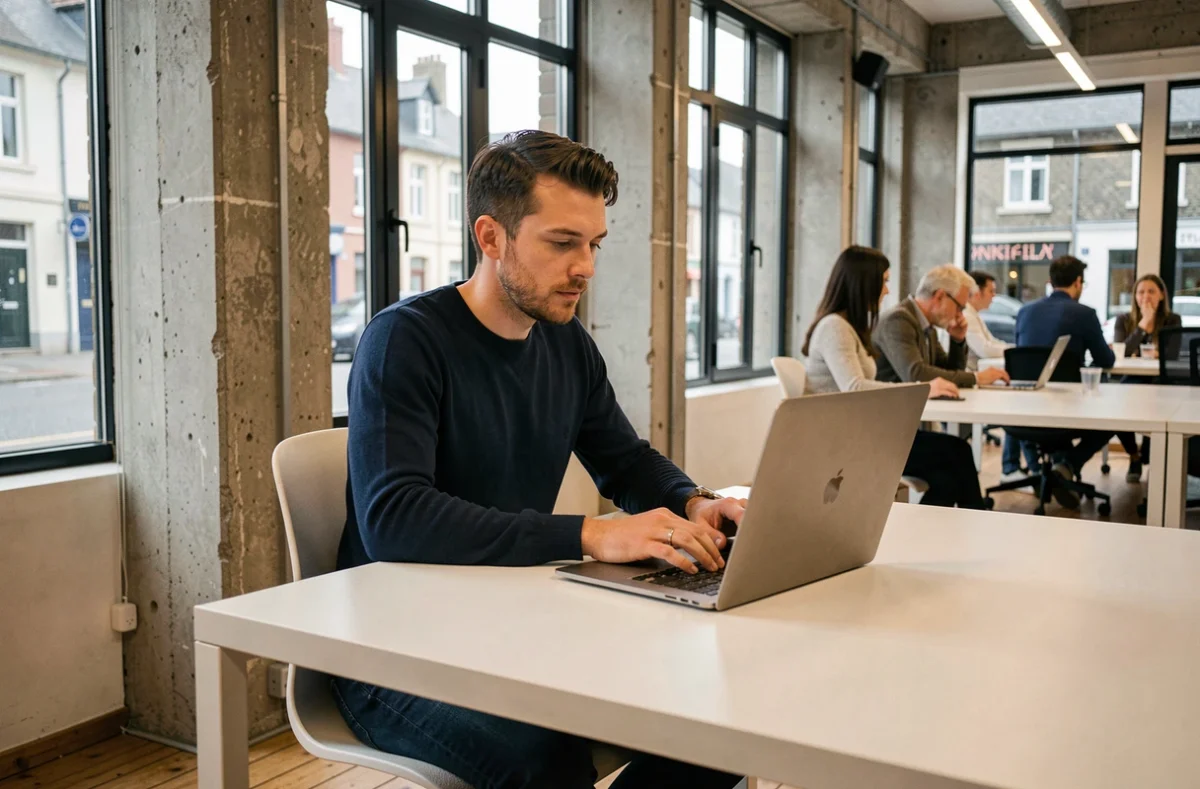 Espace de coworking BHZ à Lannion avec un professionnel travaillant sur ordinateur dans un cadre moderne aux murs en béton