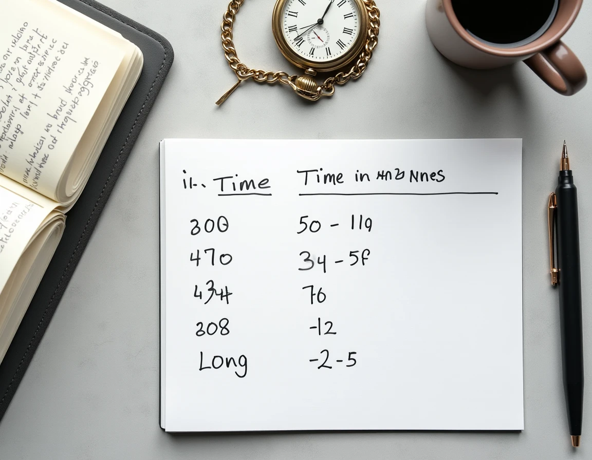 Vue de dessus d'un bloc-notes avec conversion manuscrite d'heures en minutes et en décimal
