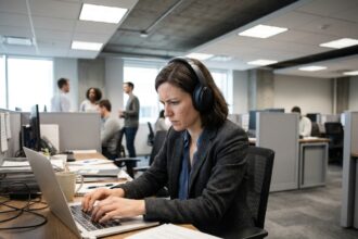 Femme portant un casque anti-bruit dans un open space de bureau moderne, illustrant les nuisances sonores au travail