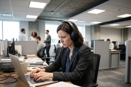 Femme portant un casque anti-bruit dans un open space de bureau moderne, illustrant les nuisances sonores au travail