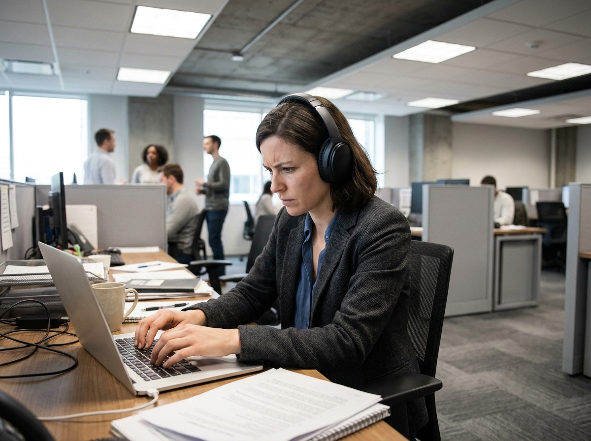 Femme portant un casque anti-bruit dans un open space de bureau moderne, illustrant les nuisances sonores au travail