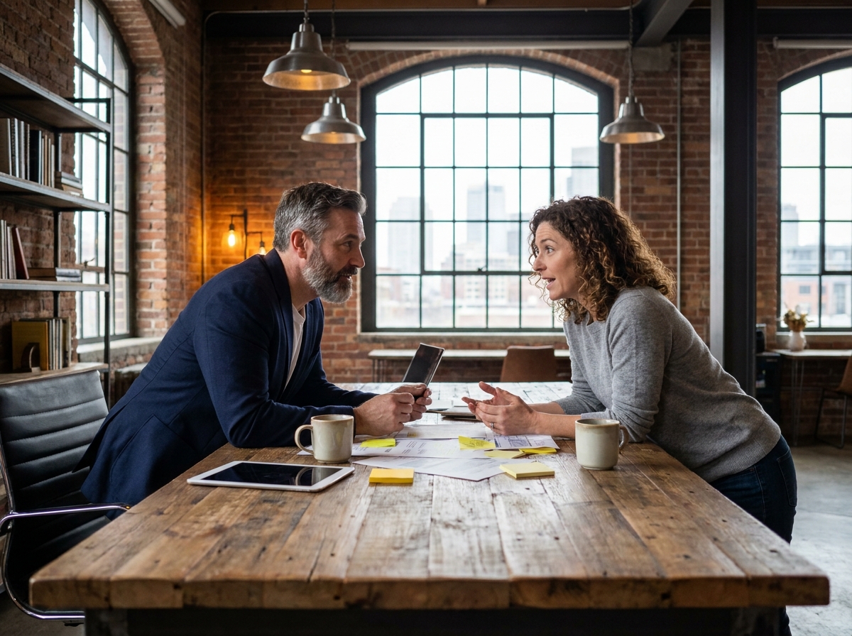 Deux dirigeants en réunion collaborative autour d'un grand bureau en bois massif dans un espace de travail de style loft, illustrant un management participatif et horizontal