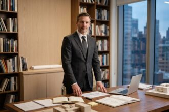 Dirigeant debout derrière un bureau en noyer massif dans un bureau exécutif moderne, illustrant une posture managériale ouverte et accessible