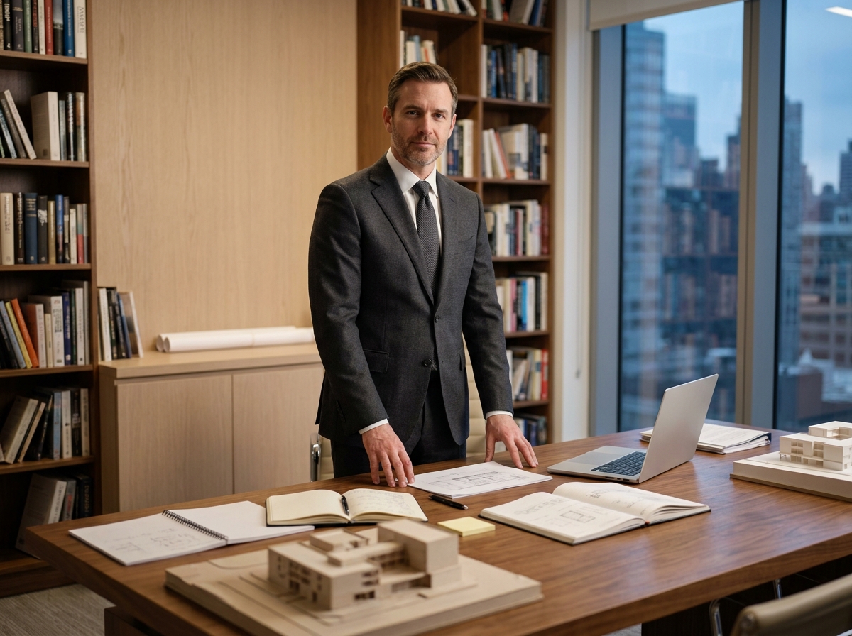 Dirigeant debout derrière un bureau en noyer massif dans un bureau exécutif moderne, illustrant une posture managériale ouverte et accessible
