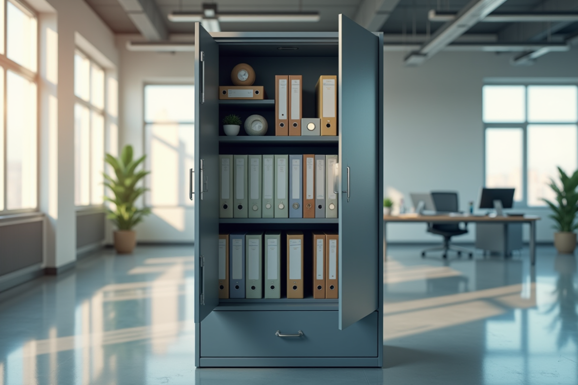 Armoire de bureau bien organisée avec classeurs et fournitures